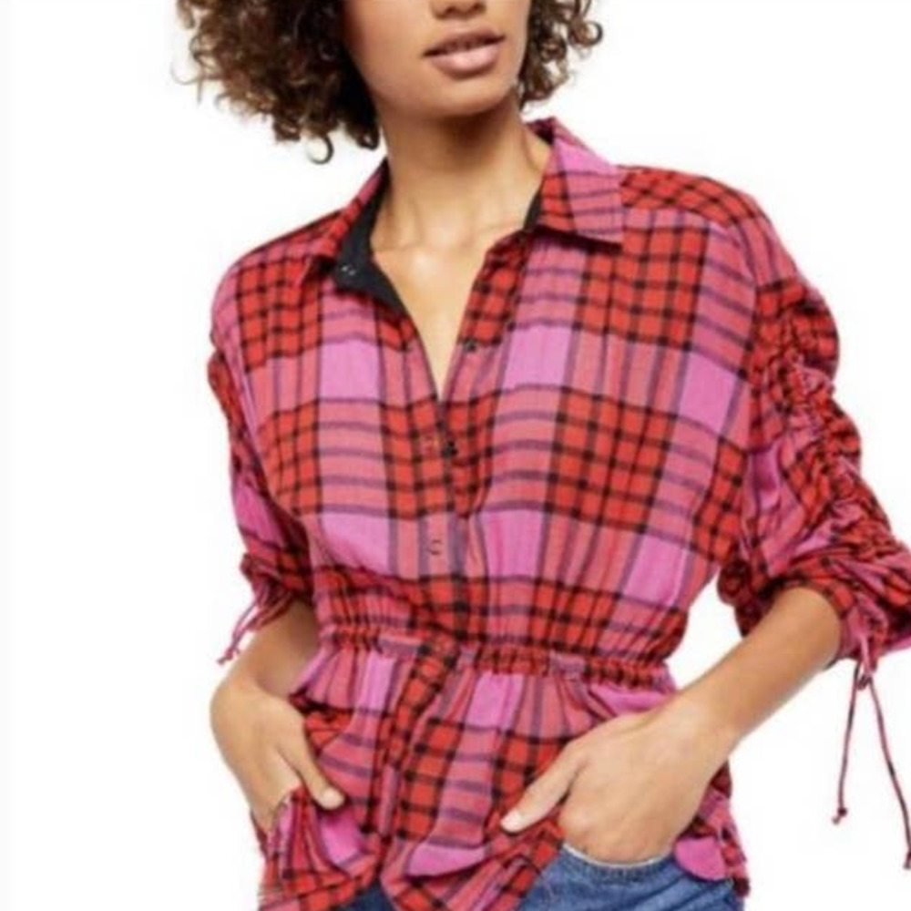 Free People Red and Pink Plaid Blouse